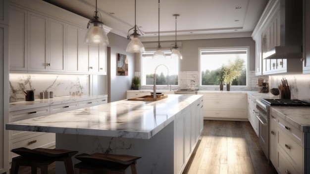 Modern luxury white classic kitchen Large kitchen island with bar stools wooden floors pendant lights modern kitchen appliances windows with garden view