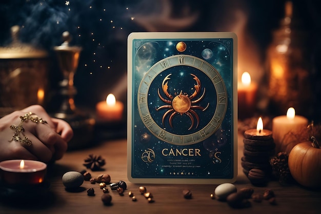 Modern magic witchcraft card with astrology Cancer zodiac sign Realistic hand drawing Cancer