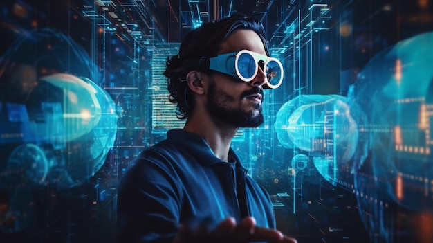 Modern man wearing vr Glasses Virtual Screen