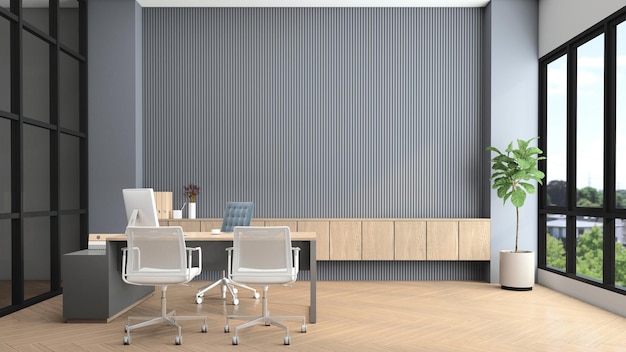 Modern manager room with desk and computer gray slat wall and builtin wooden cabinet 3d rendering