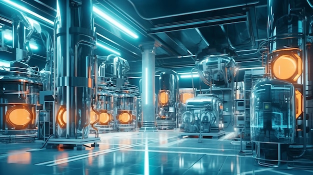 Modern manufacturing equipment in a futuristic factory background