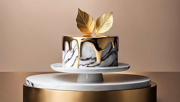 Photo modern marble and gold leaf cake with minimalist design