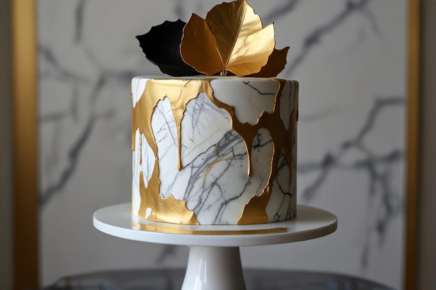 Photo modern marble and gold leaf cake with minimalist design