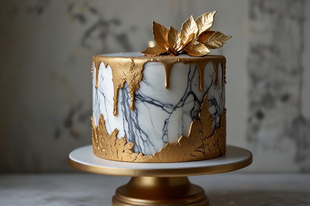 Photo modern marble and gold leaf cake with minimalist design