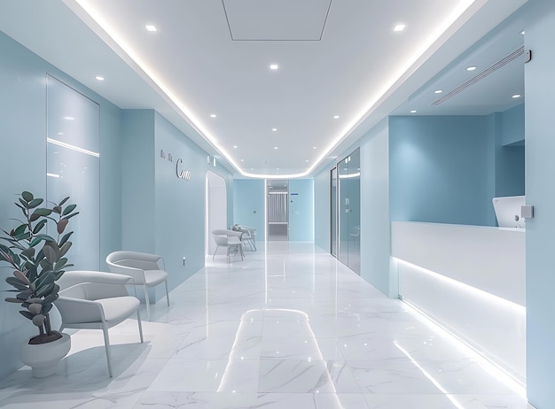 Photo modern medical clinic interior light blue walls and ceiling white tile floor modern chairs at the en