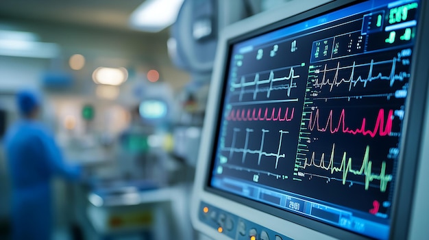 Photo modern medical monitor displaying vital signs with glowing ekg waveforms