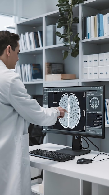 Photo modern medical research center anonymous doctor pointing at desktop computer monitor with software