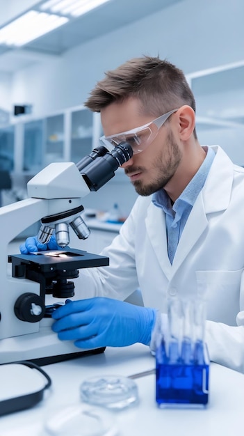 Modern Medical Research Laboratory Portrait of Male Scientist Looking Under Microscope Analysing