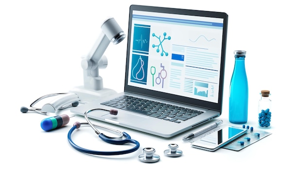 Photo modern medical setup with a laptop displaying medical data surrounded by stethoscope pills microscop