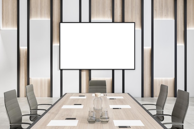 Modern meeting room interior with empty mock up poster on wall table and chairs Workplace presentation negotiation and design concept 3D Rendering