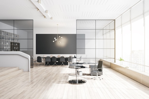 Modern meeting room interior with large table wooden flooring equipment glass windows and sunlight 3D Rendering