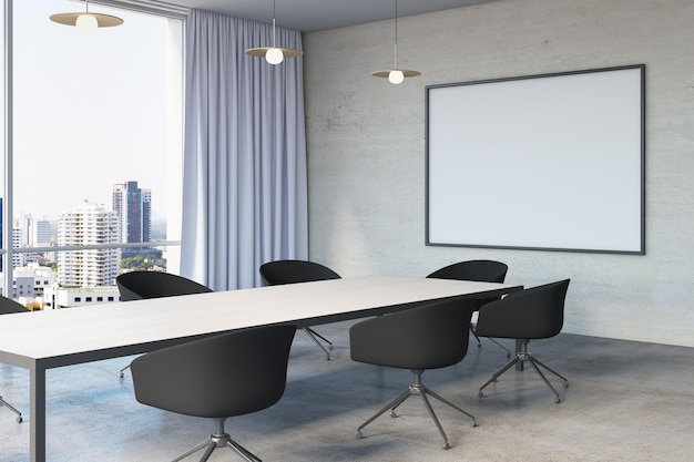 Modern meeting room office interior with table armchairs window with city view