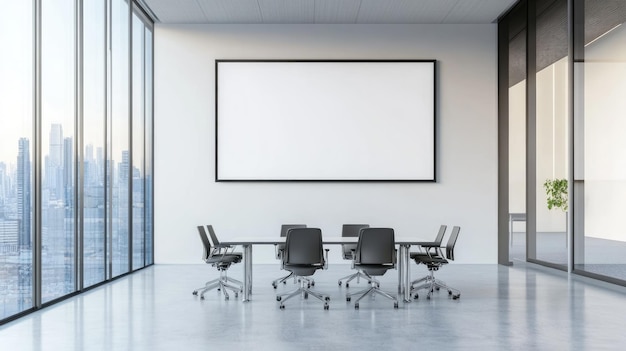 Modern Meeting Room with City View and Blank Wall for Presentation