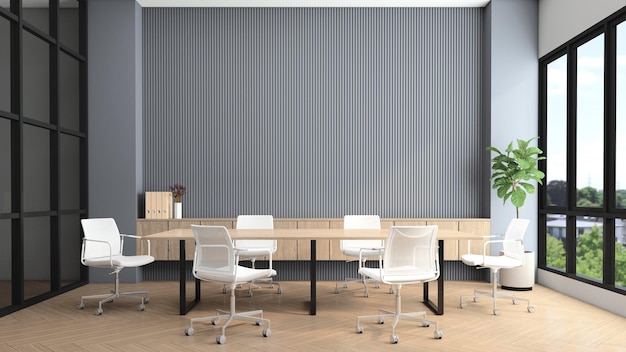 Modern meeting room with conference table gray slat wall and builtin wooden cabinet 3d rendering