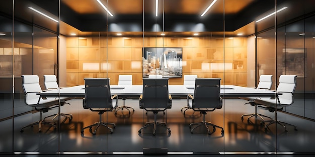 Modern Meeting Room with Glass Walls Black Leather Chairs White Table and Golden Lights Concept Corporate Interior Design Modern Meeting Spaces Glass Paneling Opulent Lighting