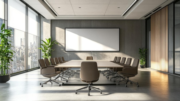 Modern Meeting Room with Large Window and Blank Screen for Presentation