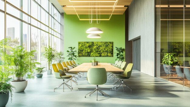 A modern meeting table in a green office setting with ecofriendly furniture and