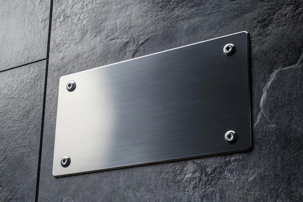 Modern metal office plate mockup mounted on a textured dark wall suitable for branding or signage displays in professional environments