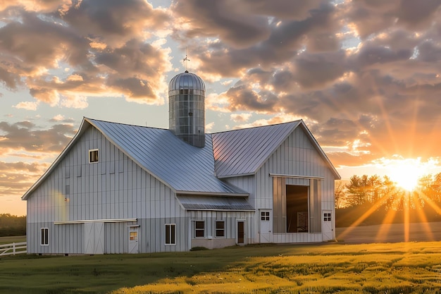 A modern metallic barn and a cylindrical silo set against a sunset with dramatic clouds and sun rays