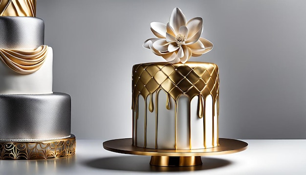 Modern metallicthemed cake with silver and gold accents