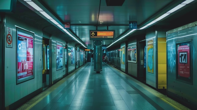 Modern Metro Station with Security Announcements and Informative Posters for Passenger Safety