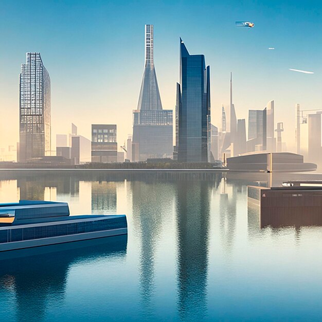 modern metropolis reflected in blue water