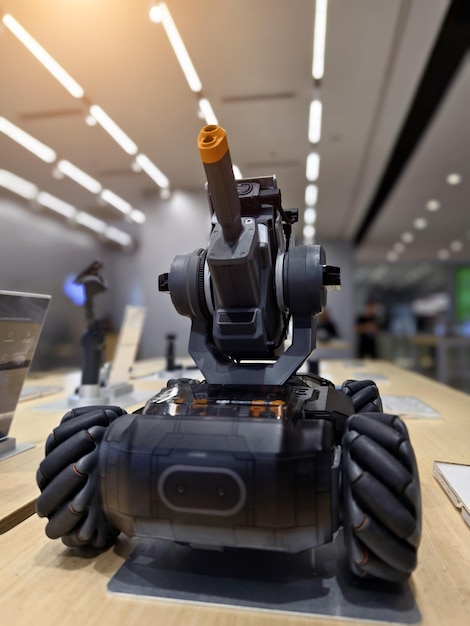 Photo modern military drone on table in the light store