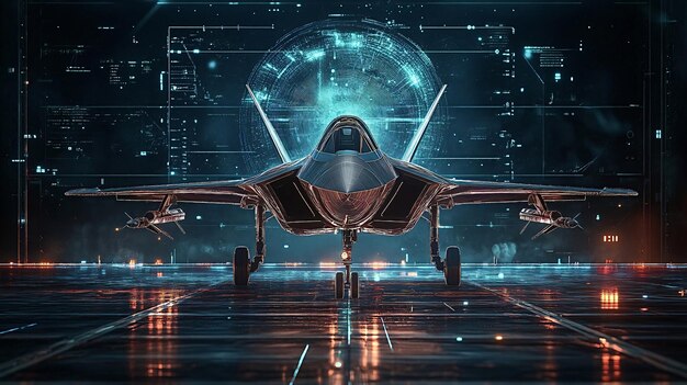 Photo modern military fighter jet standing by in futuristic hangar setting