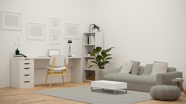 Modern minimal apartment living room with working space comfy sofa and frame decors on white wall