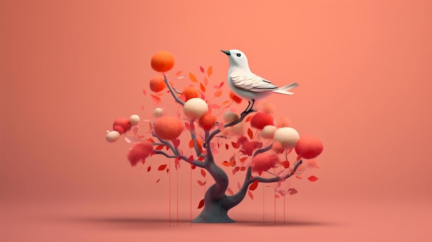 Modern minimal bird on tree and foliage with color pastel happy cheerful playful fun Generative Ai