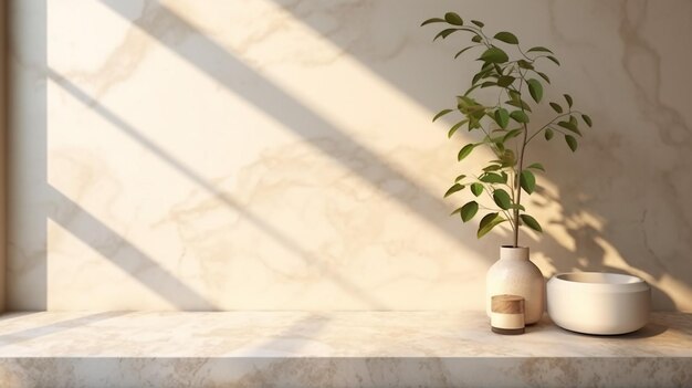 Modern minimal empty white marble stone counter table green tree in sunlight leaf Generative AI