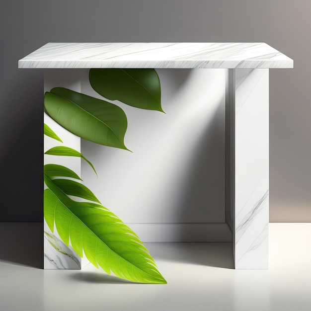 Modern minimal empty white marble stone counter table top in sunlight palm foliage leaf shadow on