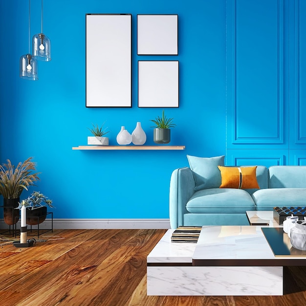 Modern and minimal living room interior design with three photo frame mockup, blue background