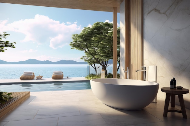 Modern minimal outdoor bathroom terrace with beige cozy tone style and sea outside Generative Ai