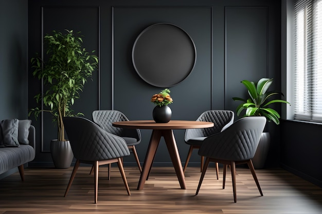 A modern minimal room with a round table and chairs