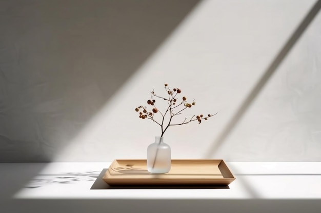 Modern minimal square wooden podium tray on glossy white table counter