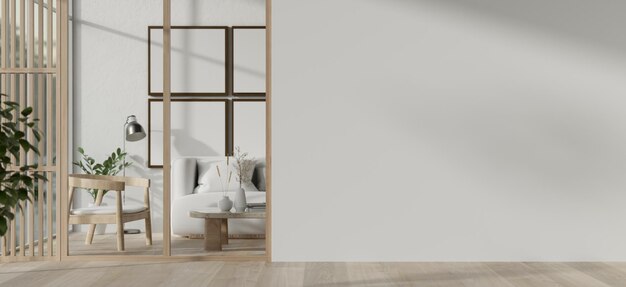 A modern minimal whitefurnished living room with an empty white wall and a parquet floor