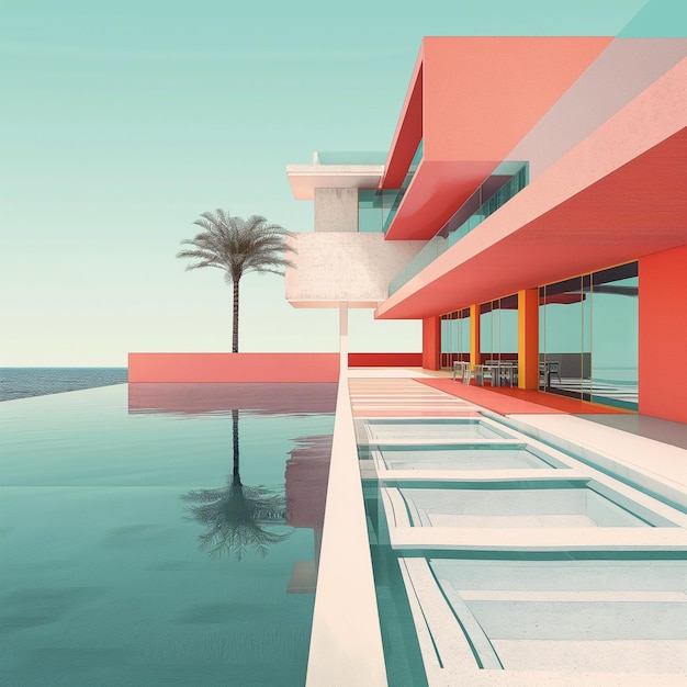 Modern minimalist architecture of a surreal pink design scene with pool exterior home