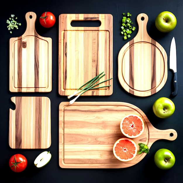 Modern Minimalist Arrangement of Wooden Cutting Boards with Fresh Produce and Kitchen Utensils