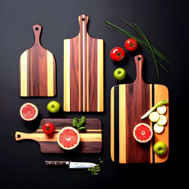 Modern Minimalist Arrangement of Wooden Cutting Boards with Fresh Produce and Kitchen Utensils