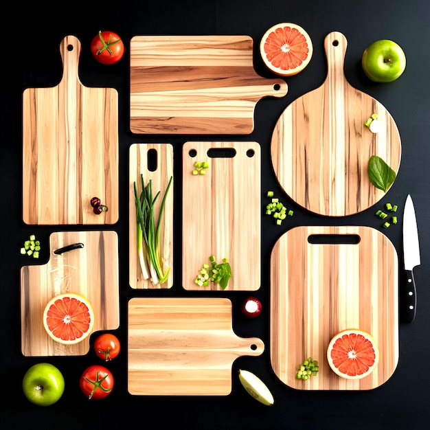 Modern Minimalist Arrangement of Wooden Cutting Boards with Fresh Produce and Kitchen Utensils