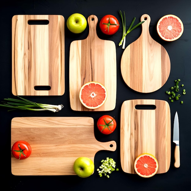 Photo modern minimalist arrangement of wooden cutting boards with fresh produce and kitchen utensils