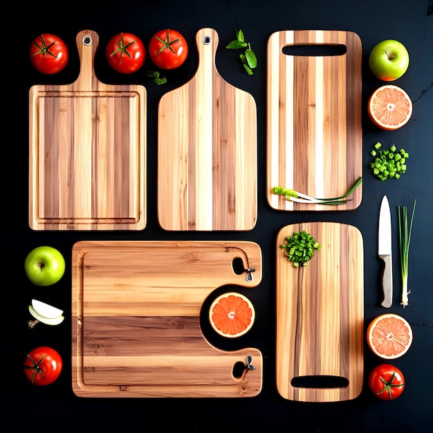 Photo modern minimalist arrangement of wooden cutting boards with fresh produce and kitchen utensils