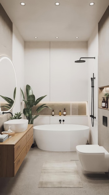 Modern minimalist bathroom interior modern bathroom cabinet white sink wooden vanity interior plant