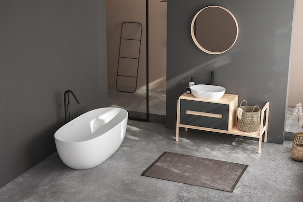 Modern minimalist bathroom interior modern bathroom cabinet white sink wooden vanity interior plants bathroom accessories bathtub and shower black and beige walls concrete floor 3d rendering