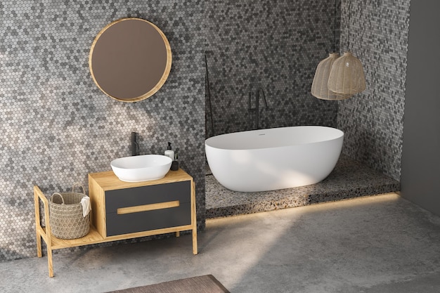 Modern minimalist bathroom interior modern bathroom cabinet white sink wooden vanity interior plants bathroom accessories bathtub and shower black and tile walls concrete floor 3d rendering