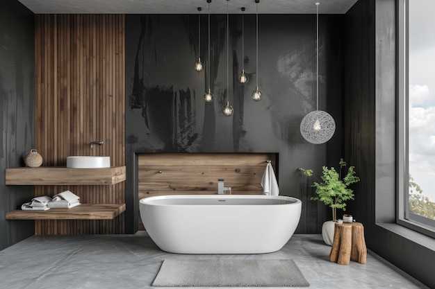 Modern Minimalist Bathroom Interior with Dark Walls