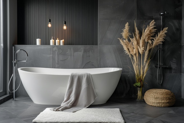 Modern Minimalist Bathroom Interior with Dark Walls