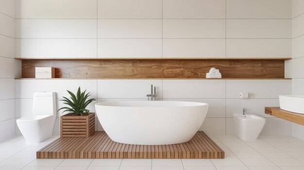 Modern minimalist bathroom with freestanding tub and wooden accents