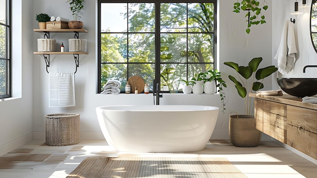 Modern Minimalist Bathroom with Natural Light and Greenery